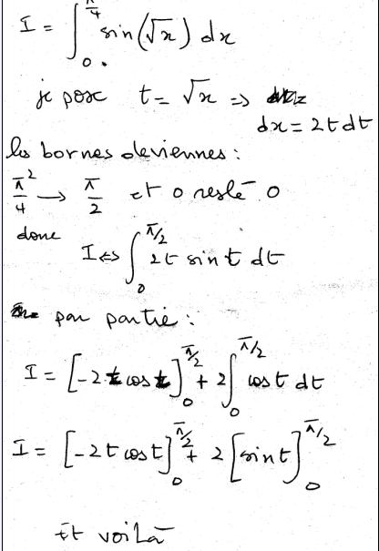 calcul de l'intégrale de sin(racine de x) des bornes 0 à pi^2 ...